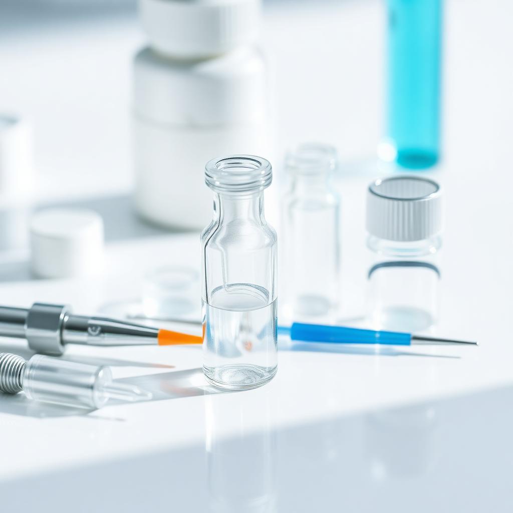 Laboratory glass vials and medical hardware on a clean white surface