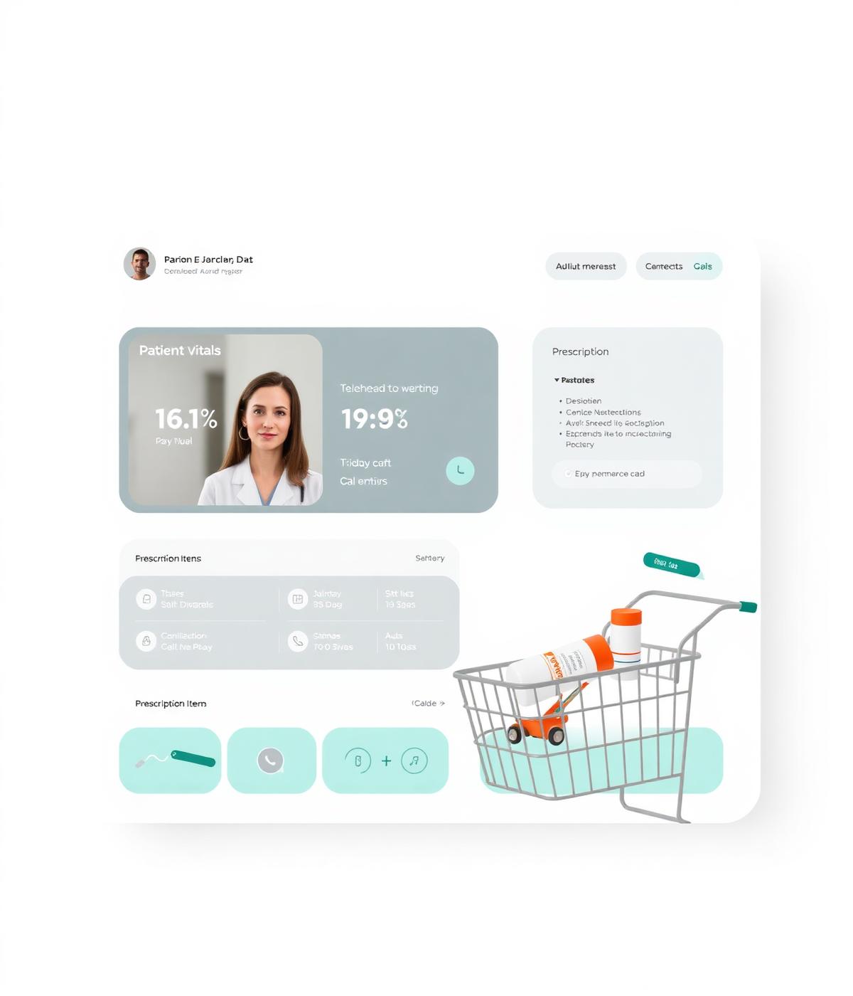 Telehealth dashboard interface with patient metrics and medical e-commerce cart